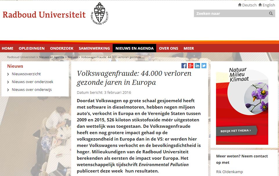 Vallen er echt vijf keer zoveel doden door de VW sjoemelsoftware? Of sjoemelen de milieu-onderzoekers van Radboud met de cijfers?