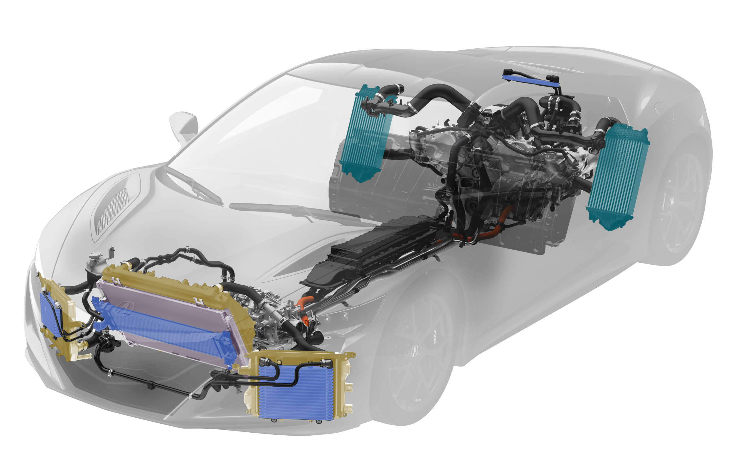 Er zitten een heleboel koelers in de NSX, die allemaal genoeg rijwind moeten vangen, zonder de luchtweerstand meer dan nodig te vergroten.