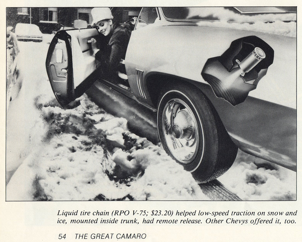 Helemaal nieuw is het idee van banden besproeien niet. Alleen in 1969 bood General Motors op enkele Chevrolet modellen de optie V75, een vacuümbediende sproeier om de achterbanden op sneeuw meer grip te geven.