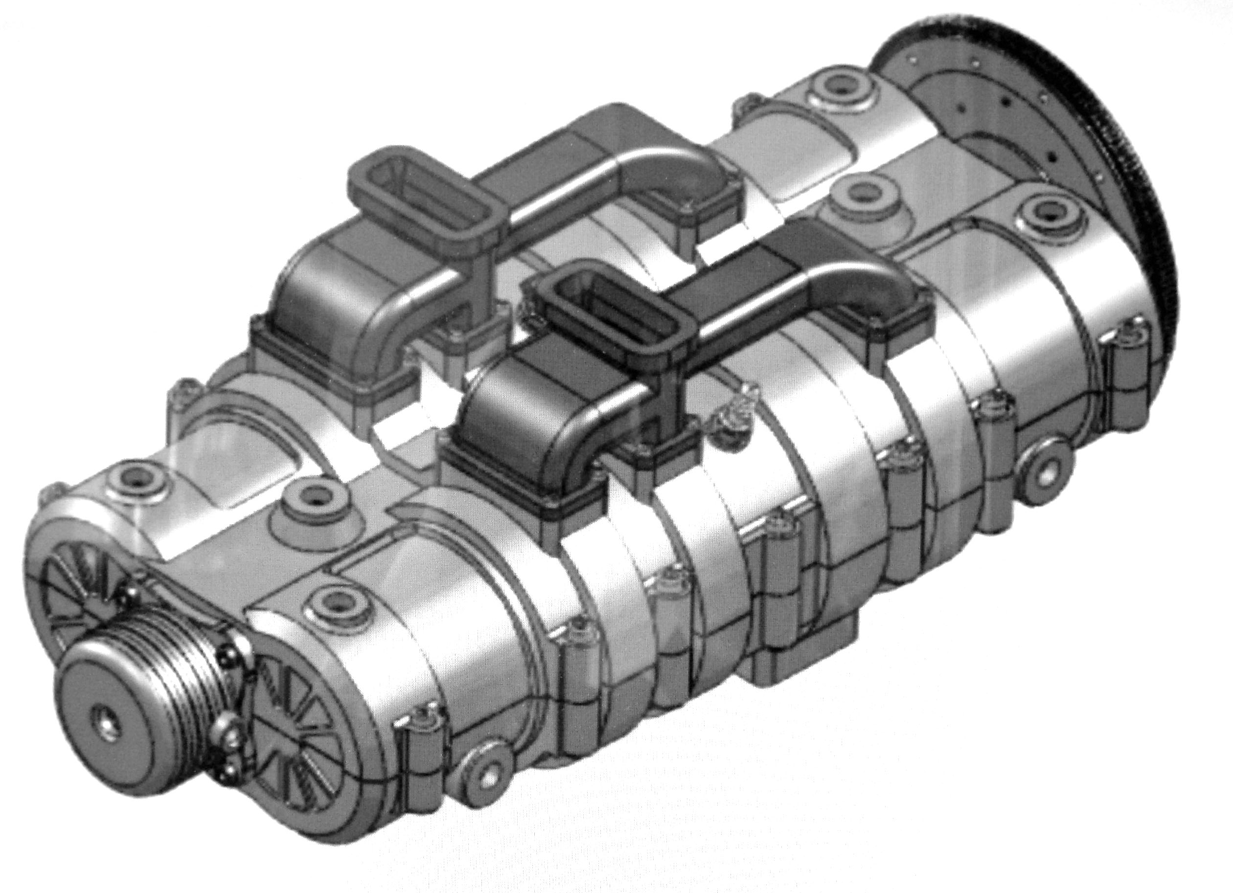 Bovenop de kantelschijfmotor inlaatkanalen, met een Reed valve in de aanzuigopening. Direct daaronder de inlaat naar de cilinders, feitelijk bij een tweetakt overstroompoorten.