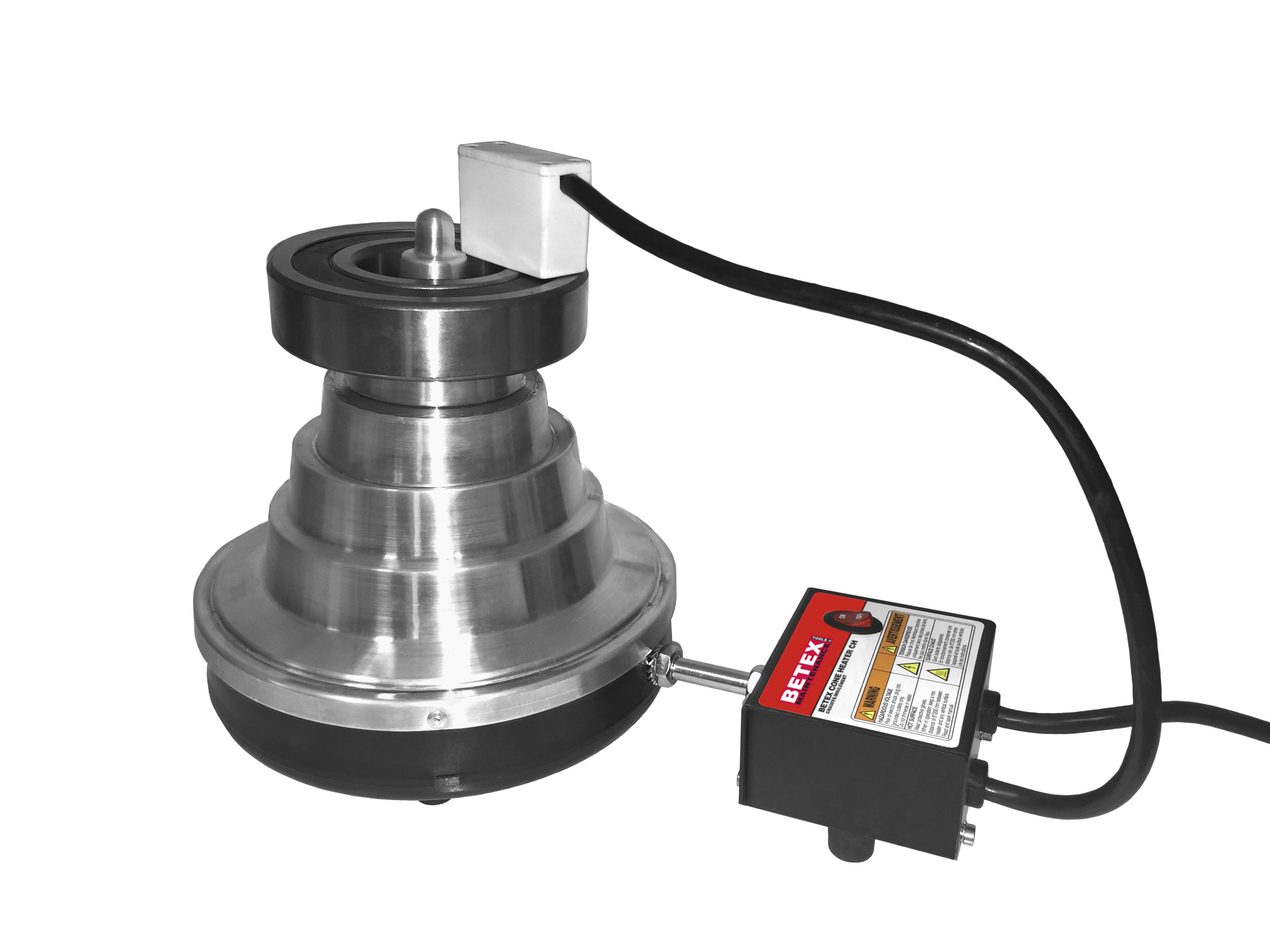 De kegelvormige aluminium huis is licht (2.5 kg) en zorgt voor een snelle, gelijkmatige verwarming van het lager, zegt Bega.