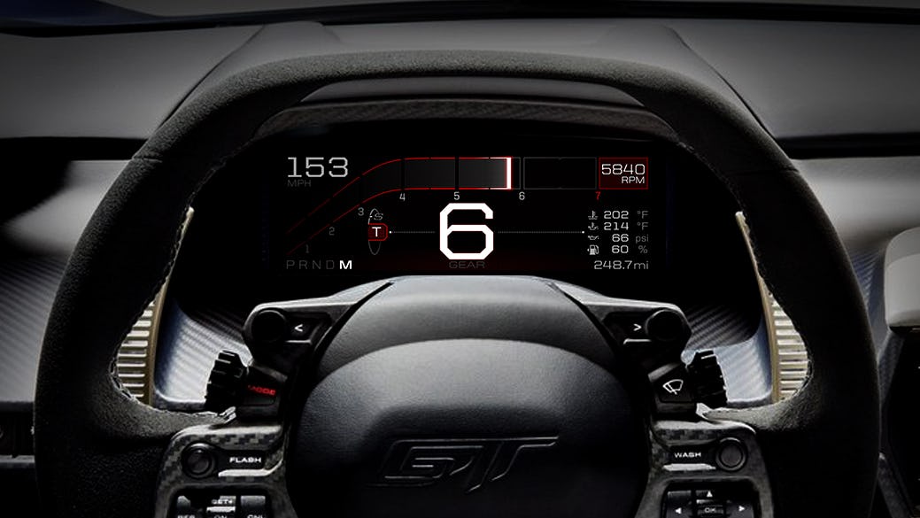 Like the glass cockpit in airplanes and race cars, the all-new Ford GT features an all-digital instrument display in the car’s dashboard that quickly and easily presents information to the driver, based on five special driving modes.