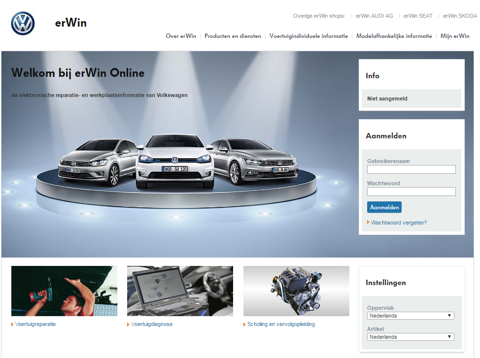 Volkswagen biedt toegang tot fabrieksinformatie via erWin. Een online portal waar je terecht kan voor TSB’s maar ook informatie omtrent reparatie en diagnose.