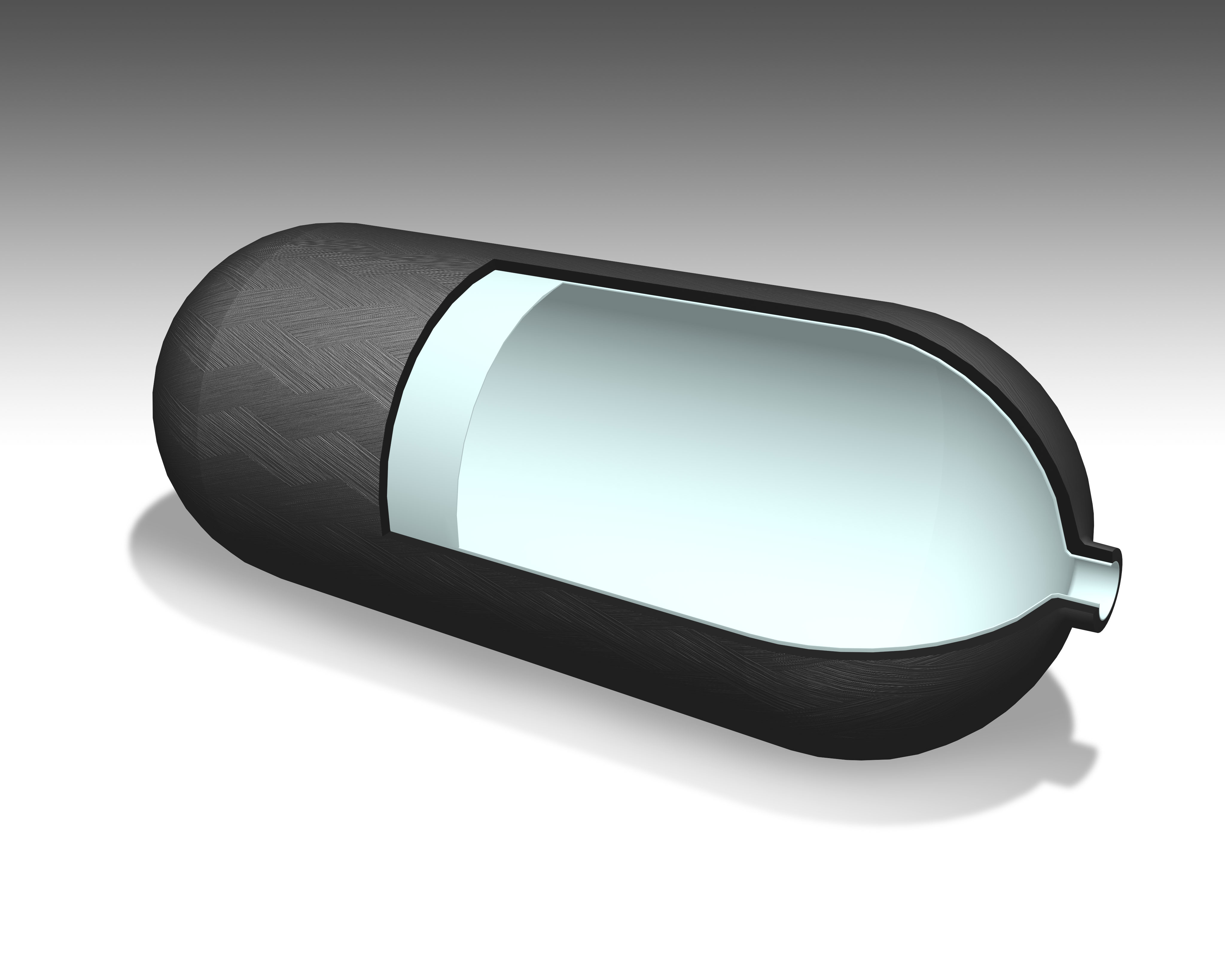 De witte tank wordt geblazen uit Akulon Fuel Lock, en voor de sterkte in kruispatroon omwonden met stroken vezelversterkte EcoPaXX. Wat werkt voor CNG zou ook voor waterstof moeten werken.