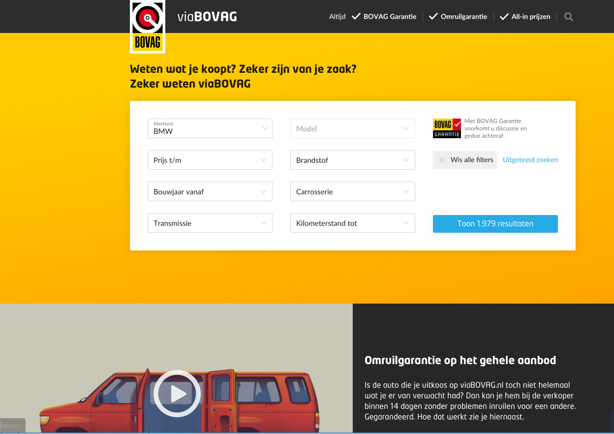 ViaBOVAG moet een simpele no-nonsense site zijn, waar het draait om auto’s verkopen en niet om maximaal clicks te verzamelen of overal reclame omheen te plakken.