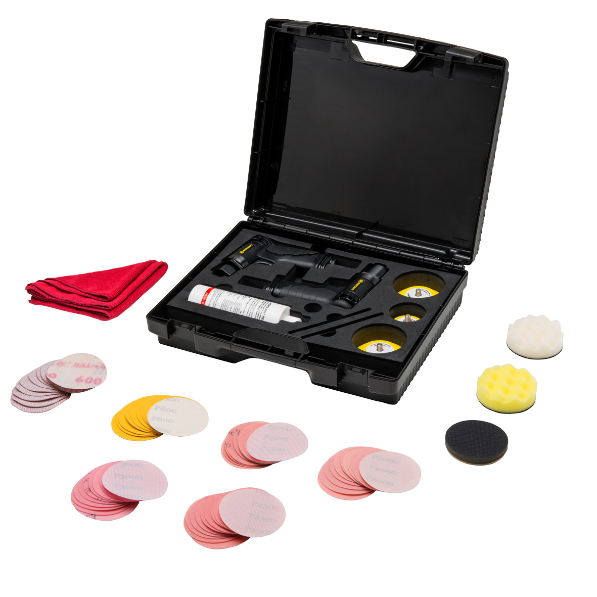 De slijp- en polijstset RC7210 bevat onder andere excentrische minislijpmachine, een minipolijstmachine alsmede polijstmiddel, slijpscchijven en slijppapier. (Foto: Rodcraft)