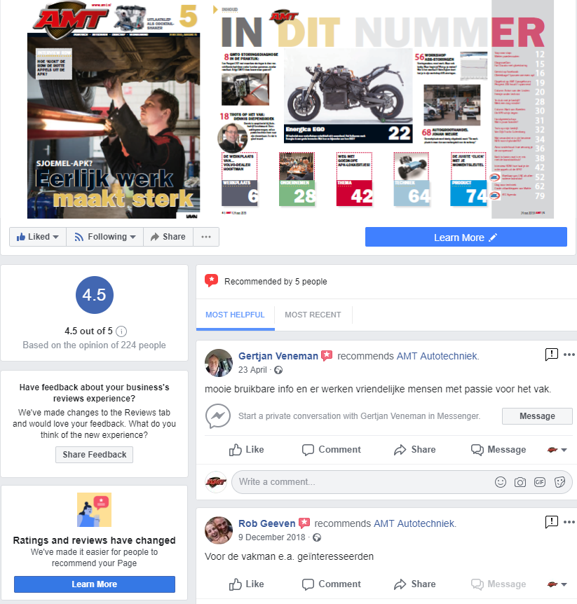 Heb je een bedrijfspagina op Facebook ? Daar kunnen je klanten je bedrijf ook beoordelen. Op onze AMT Facebookpagina scoren we 
4,5 uit 5 sterren, zijn we blij mee!