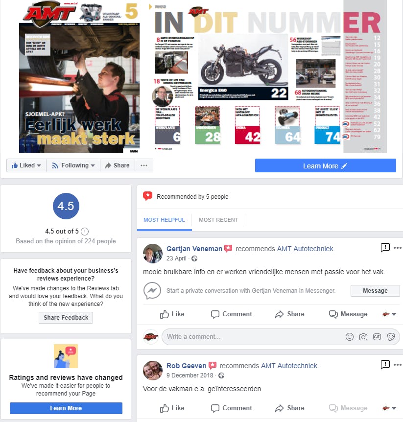 Heb je een bedrijfspagina op Facebook ? Daar kunnen je klanten je bedrijf ook beoordelen. Op onze AMT Facebookpagina scoren we
4,5 uit 5 sterren, zijn we blij mee!