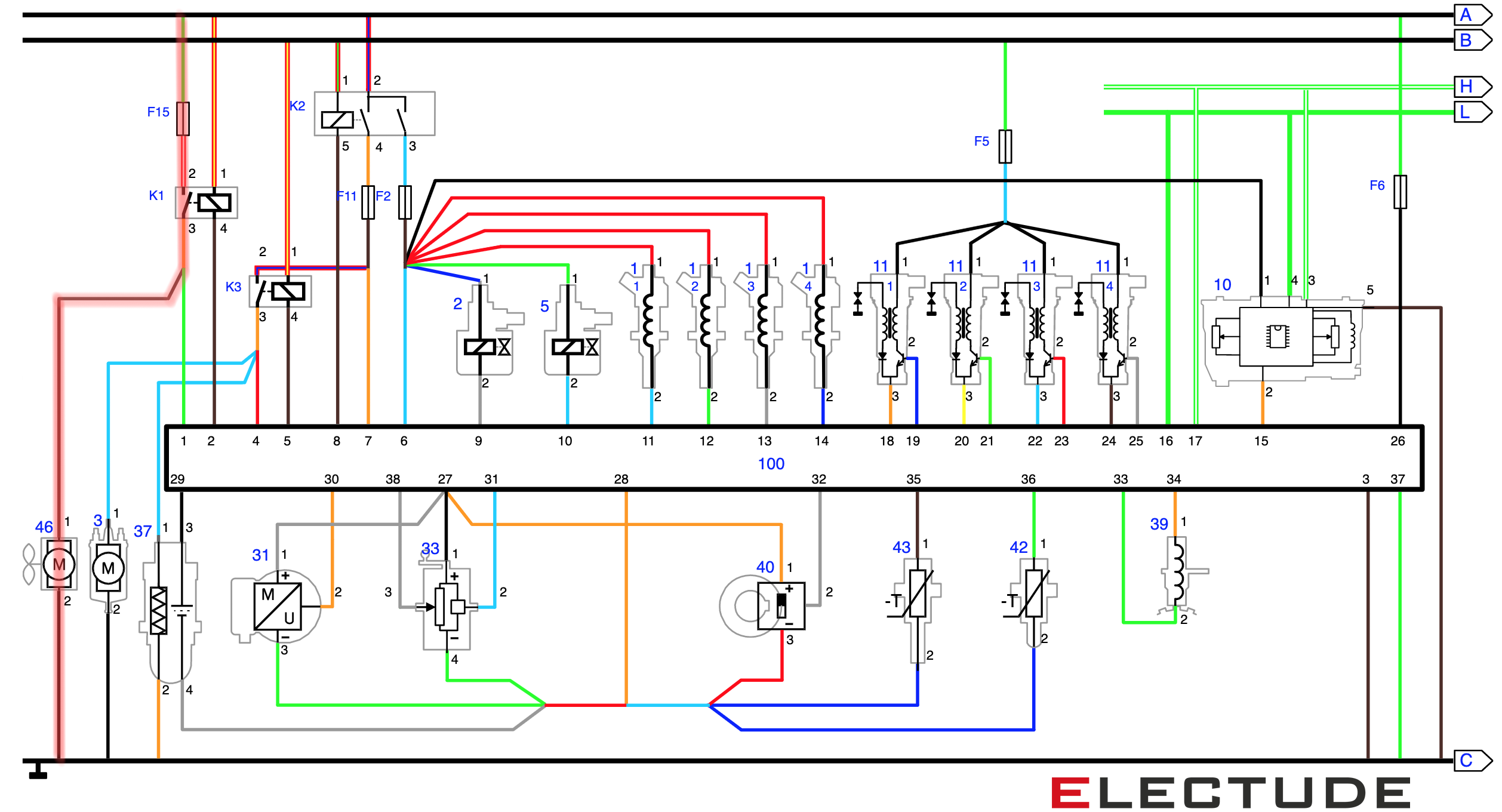 Bedradingsschema met aan de linkerkant het stroomschema van de ventilator gehighlight. 