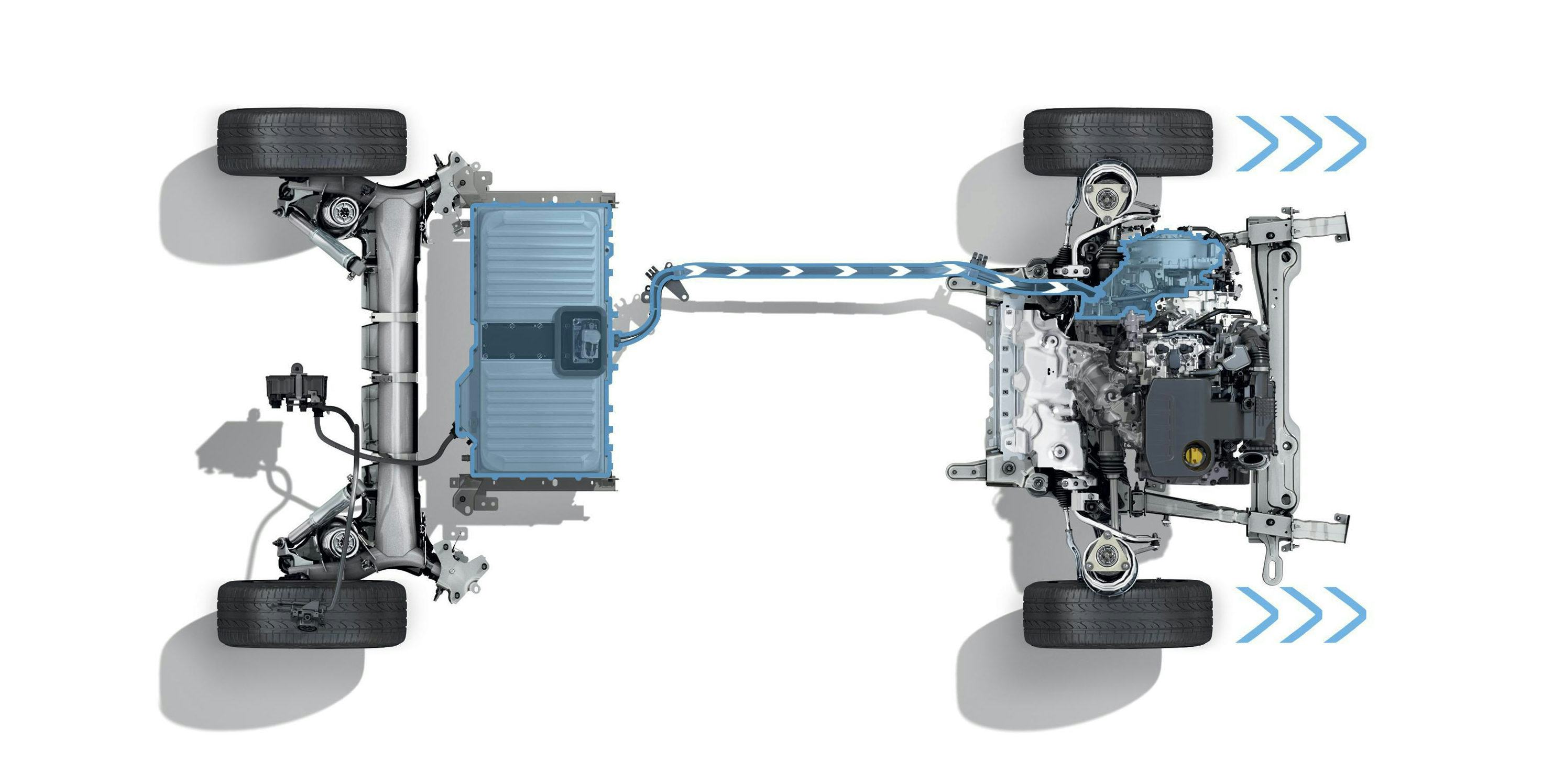 In het obligate blauw aangeduid de elektrische E-Tech installatie: accu bij de achteras en een grote motor plus starter/generator/motor op de bijzondere transmissie naast de benzinemotor.