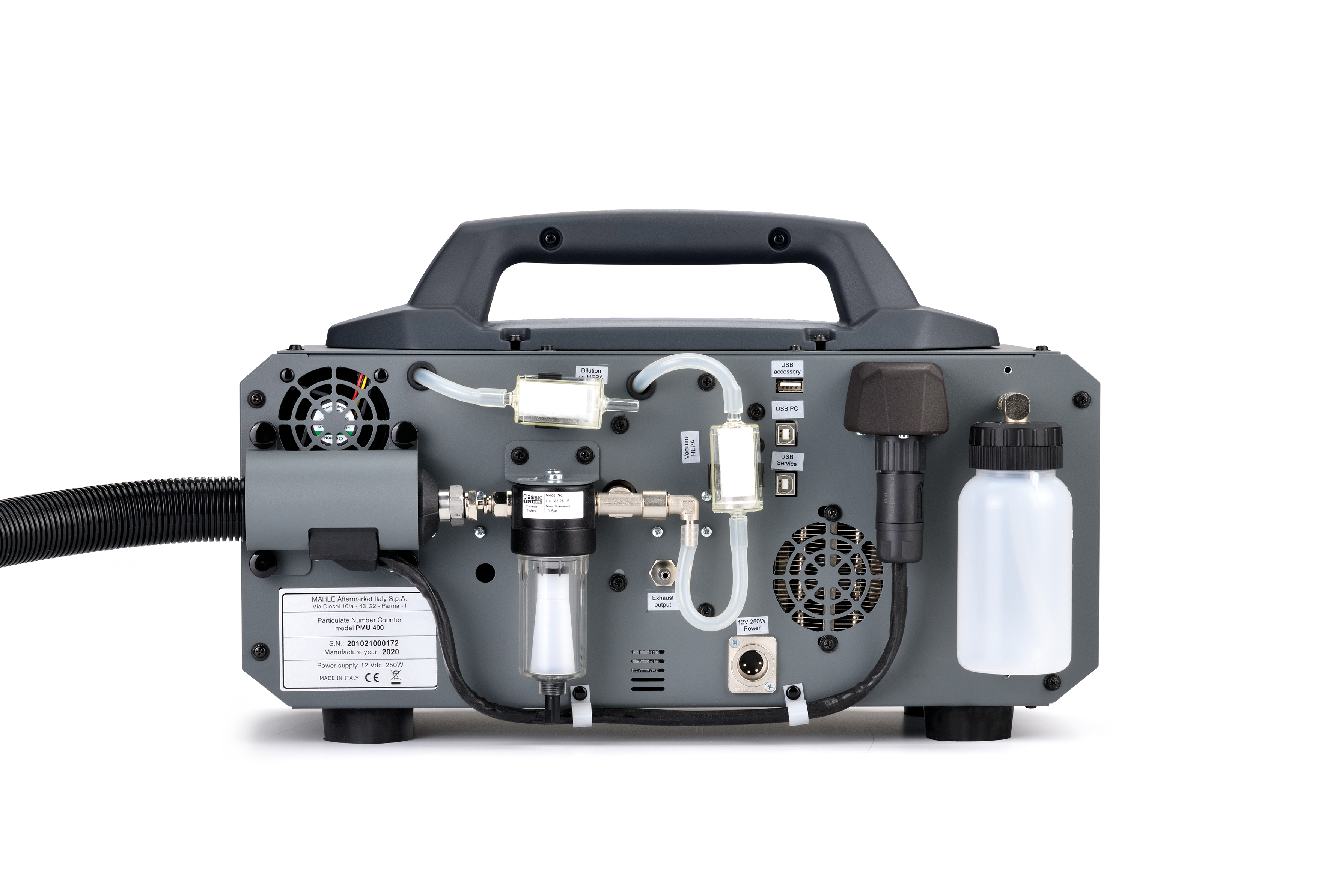 Twee filters, een waterafscheider en een cartridge schoonmaakalcohol. Toegegeven, die laatste zit niet op een DC-deeltjesteller, maar in ruil biedt deze PMU400 een ongeëvenaarde bedrijfszekerheid. 