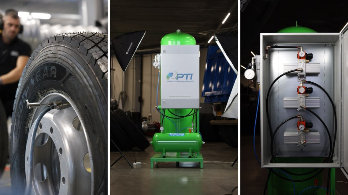 De PTI laat vrachtwagenbanden sneller leeglopen zonder gegil, zonder stof en met behoudt van perslucht.