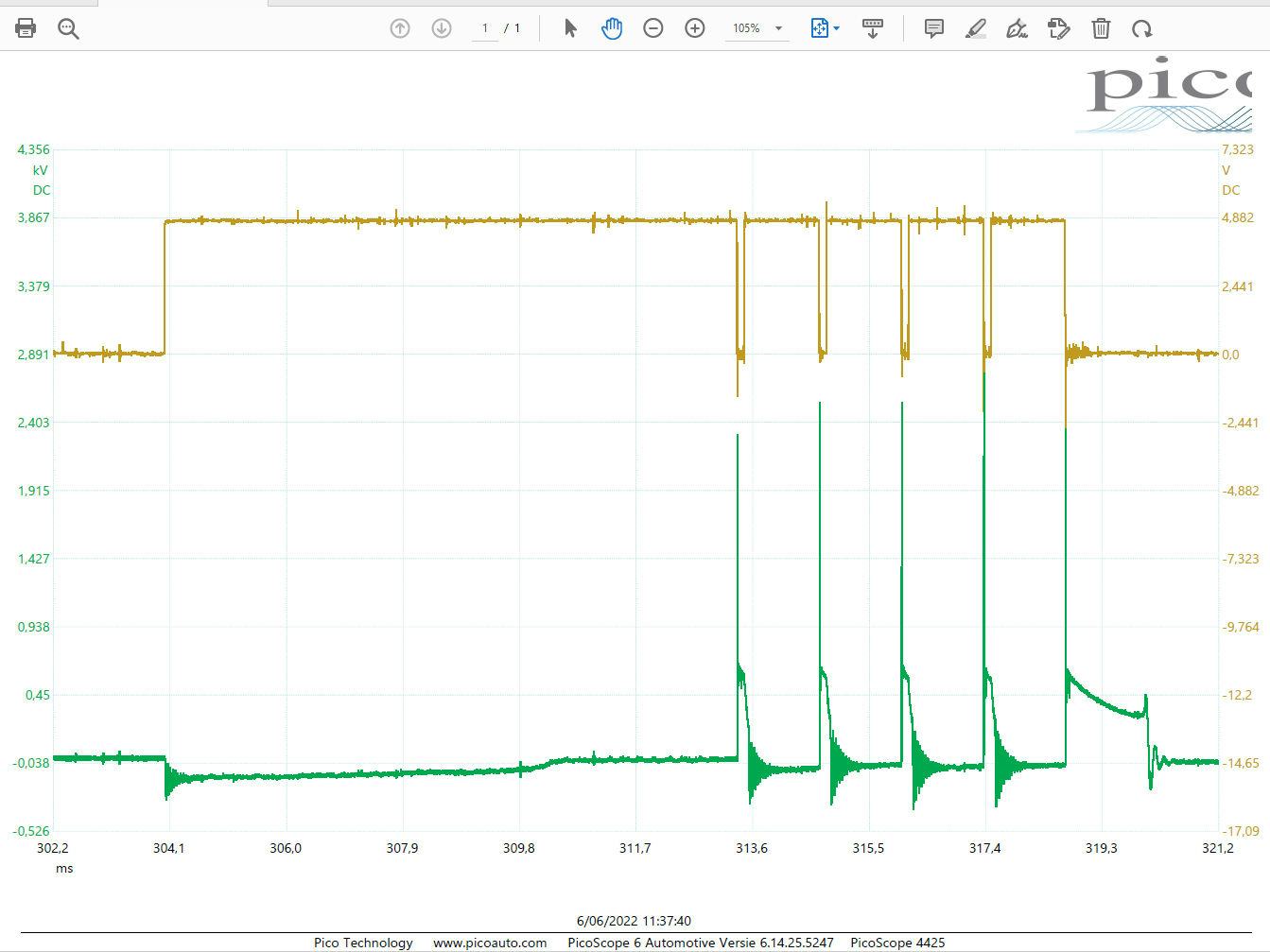 Klopt de bobine-aansturing wel? Het referentiesignaal uit ATIS laat een enkele sturingspuls zien.