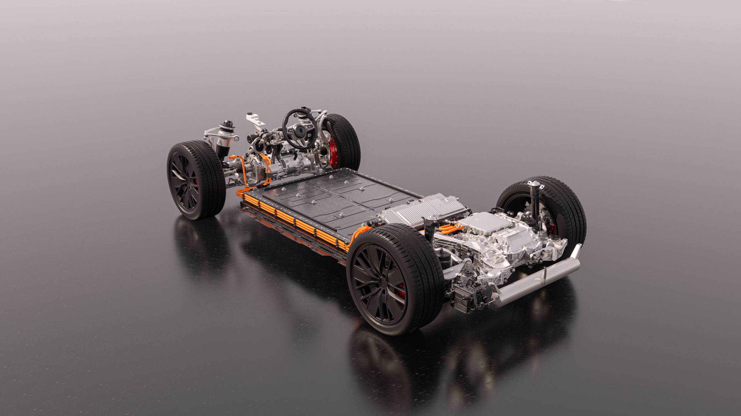 Het PPE-platform van achteren gezien, hier met luchtvering die voor de Macan 4 een optie is. - Foto: Porsche