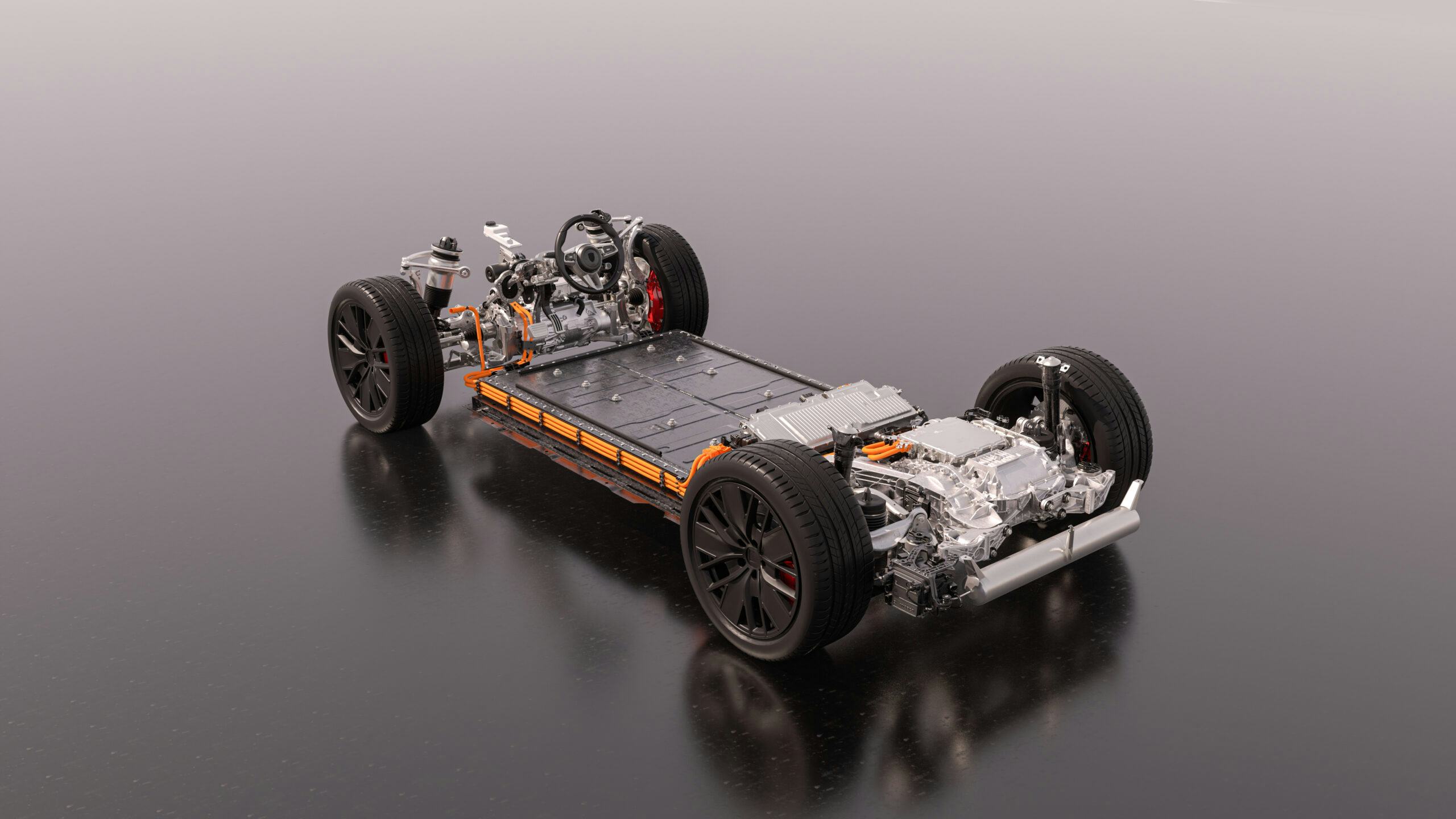 Het PPE-platform van achteren gezien, hier met luchtvering die voor de Macan 4 een optie is. - Foto: Porsche