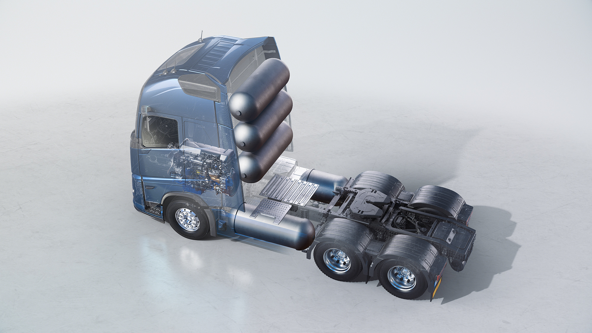Volvo-trucks met waterstofverbrandingsmotor zullen in verschillende configuraties leverbaar worden en hebben
een actieradius die voldoende is voor veel uiteenlopende inzetten. - Foto: Volvo