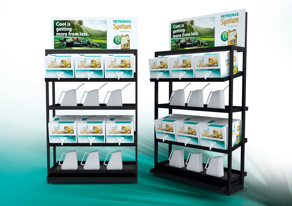 Het olierek biedt plaats aan zes gietkannen en zes Bag-in-Box-producten