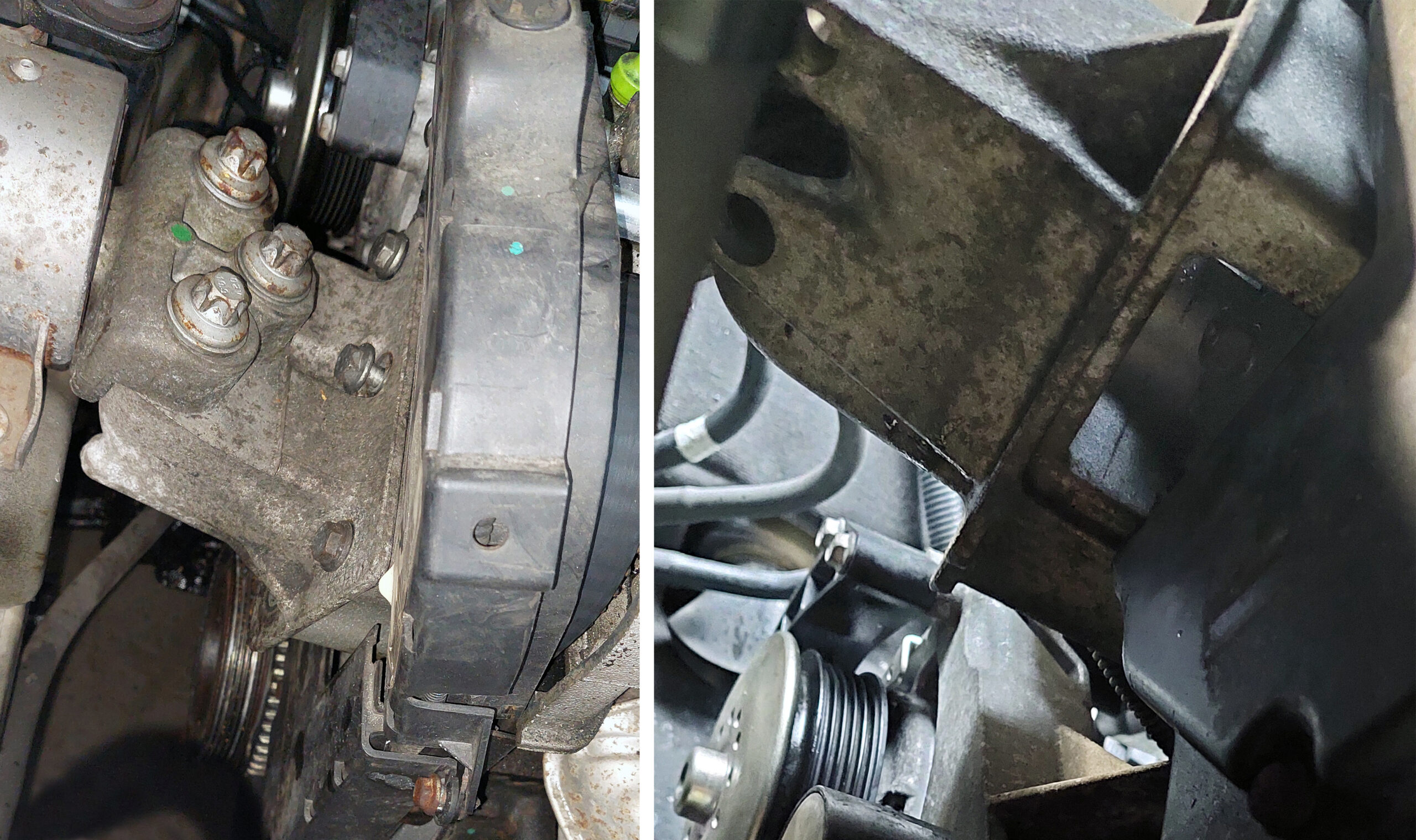 De losgeklapte motorsteun van boven en van onderen gefotografeerd. - Foto's: Gert te Lintelo / Pascal Zwaans