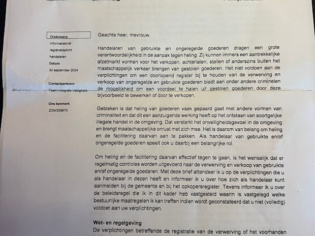 Gemeenten hebben bedrijven per brief gewezen op hun verplichtingen om heling tegen te gaan.