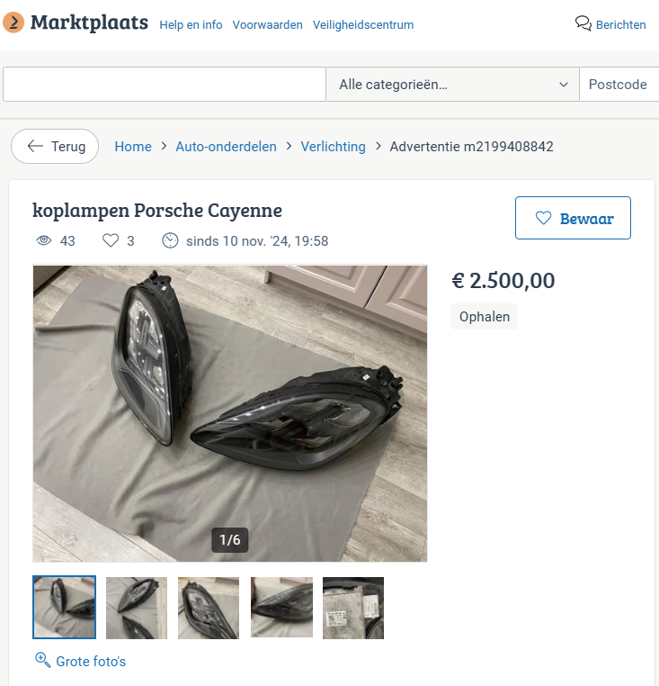 Een particulier biedt op Marktplaats twee koplampunits van een Porsche Cayenne. Hoe weet je dat ze niet van diefstal afkomstig zijn?