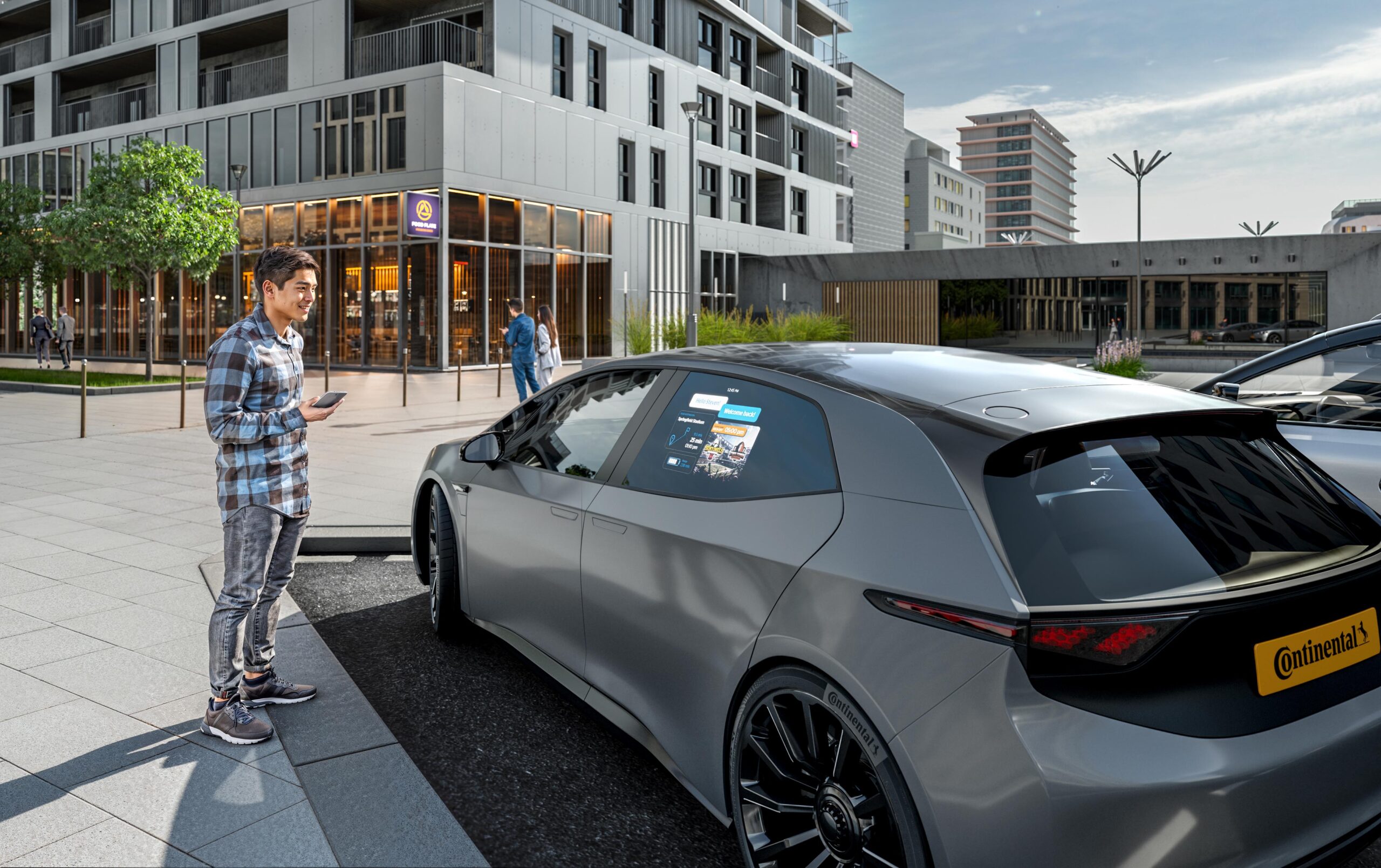 Met Window Projection van Continental kan de auto bijvoorbeeld een welkomstboodschap tonen. Of de laadstatus van de batterij, of de dichtstbijzijnde route naar een laadpaal. - Foto: Continental