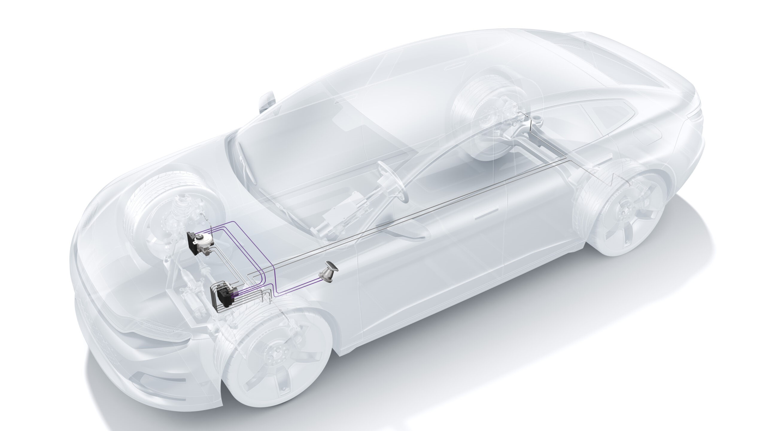 In paars twee elektronische aansturingen, naar twee remregelaars die hydraulisch elk alle remmen kunnen bedienen. Met één remknop voor de bestuurder. - Foto: Bosch