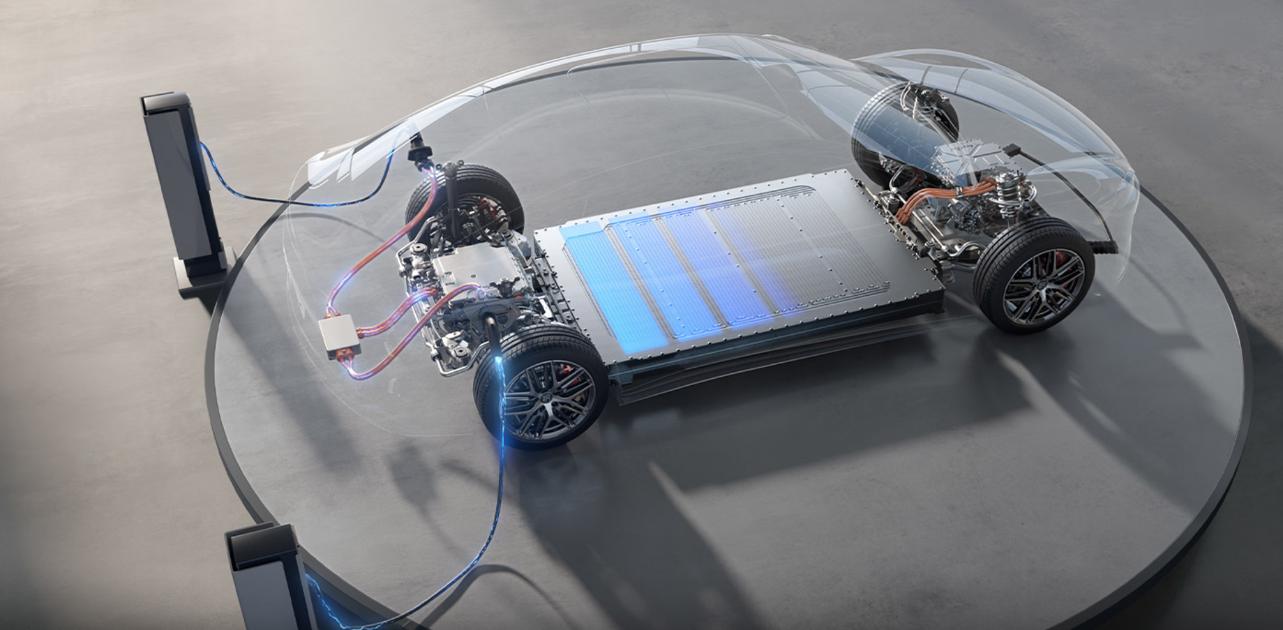 1000 V, 100 kWh en laden met 10 C. Het BYD Super-e platform moet het mogelijk maken. Merk op dat er twee laadkabels naar de auto gaan. Blijkbaar is twee keer 500 ook 1000 kWh.  