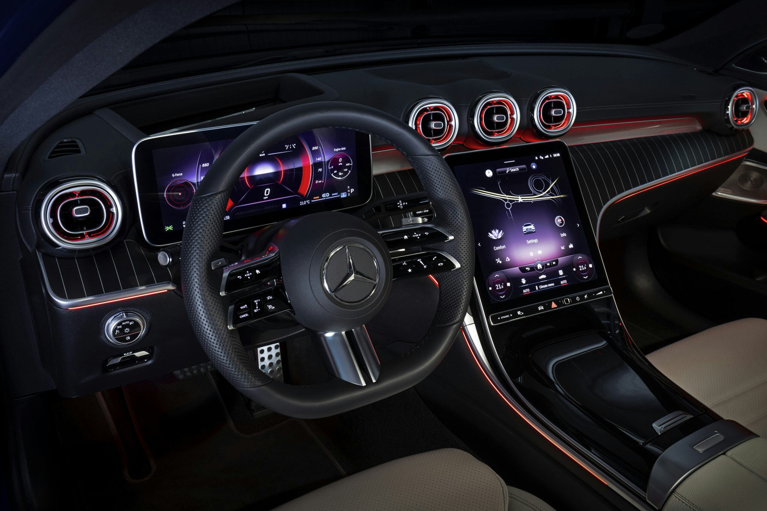 Interieur van een Mercedes-Benz C 300 e, ter illustratie. - Foto: Mercedes-Benz