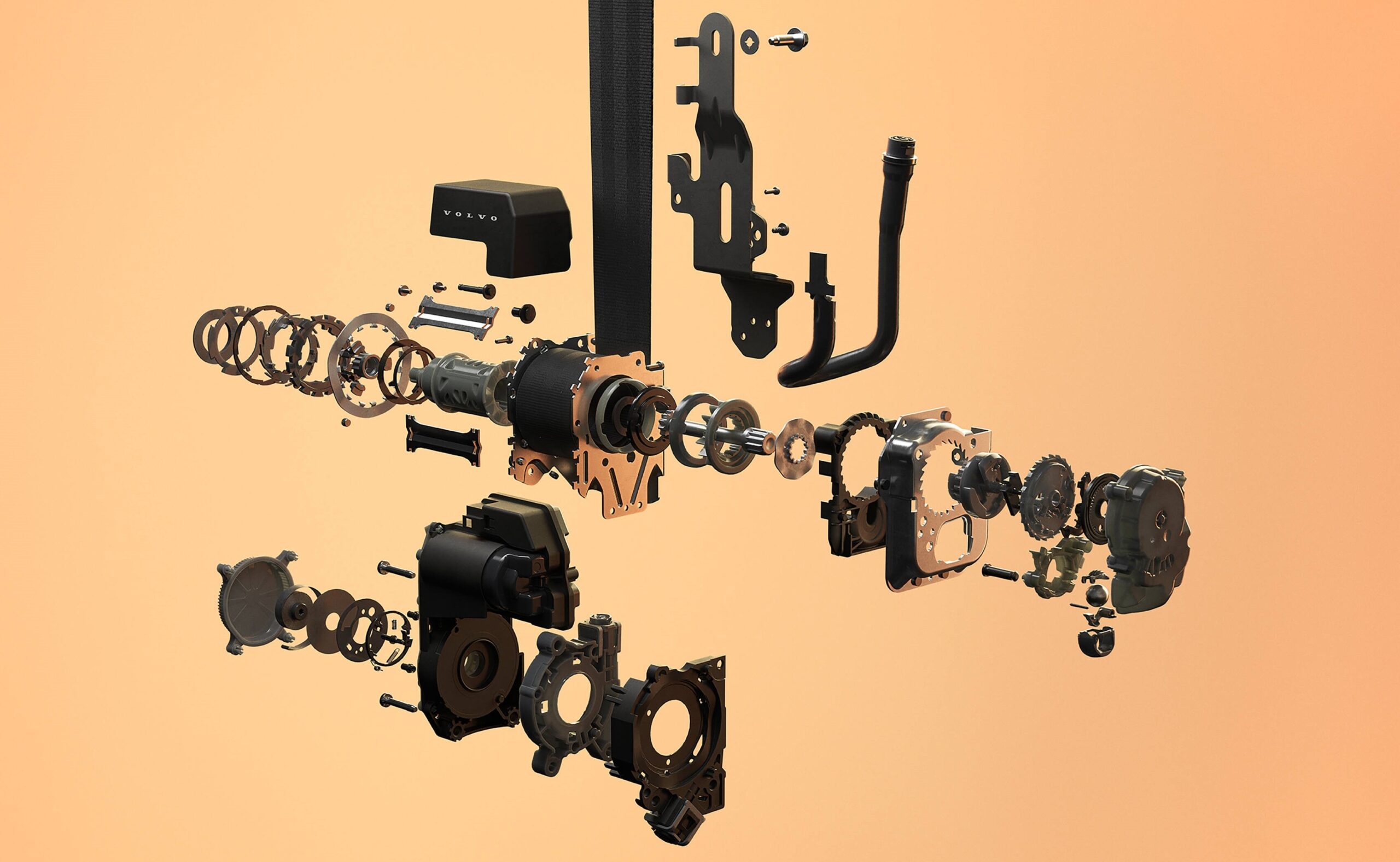 Een hele fabriek op zich, de gordelkrachtregelaar van morgen. Verbonden aan heel veel sensoren en instellingen, Volvo zegt nu niet hoeveel en welke. - Foto: Volvo