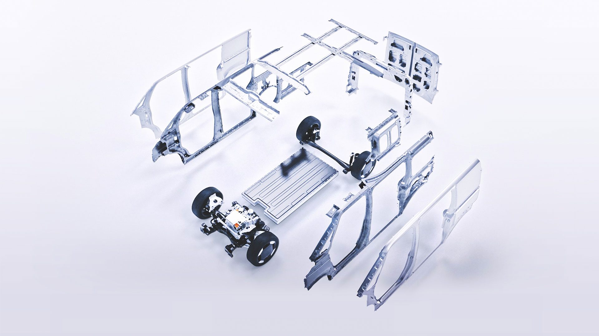 Deze ‘exploded view’ laat de technische delen en het carrosseriegeraamte van de Kia PV5 zien.