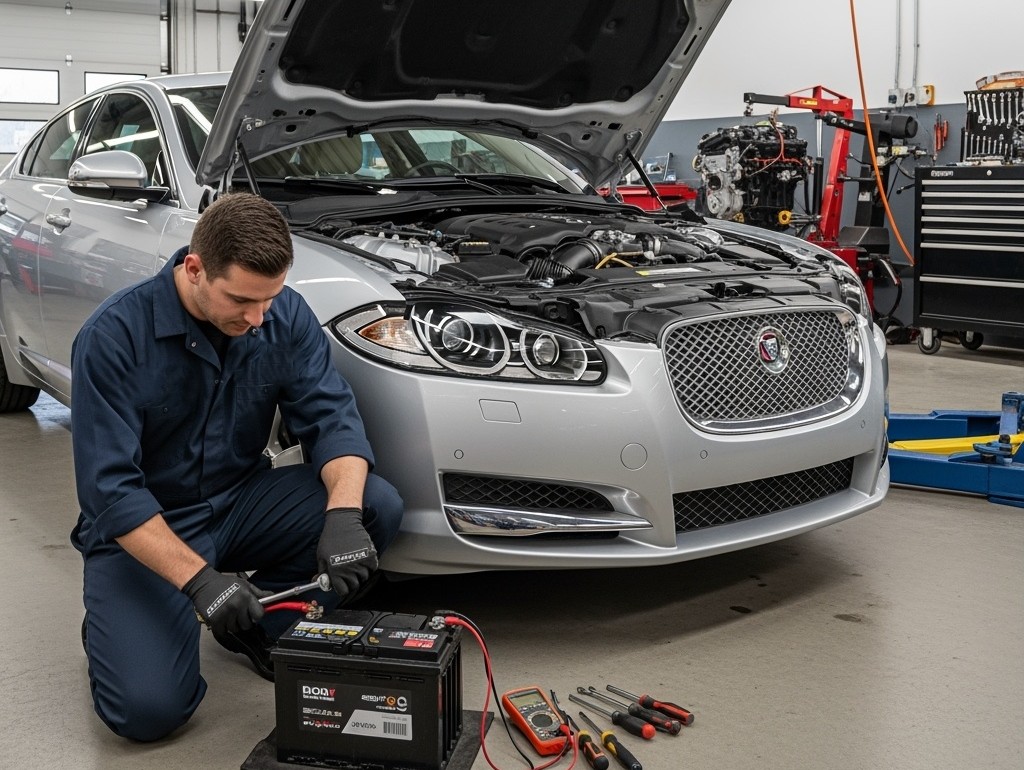 Het afkoppelen van een accu bij een Jaguar XF leidt tot onverwachte storingen. Dit beeld is illustratief en gegenereerd met behulp van Shutterstock AI.