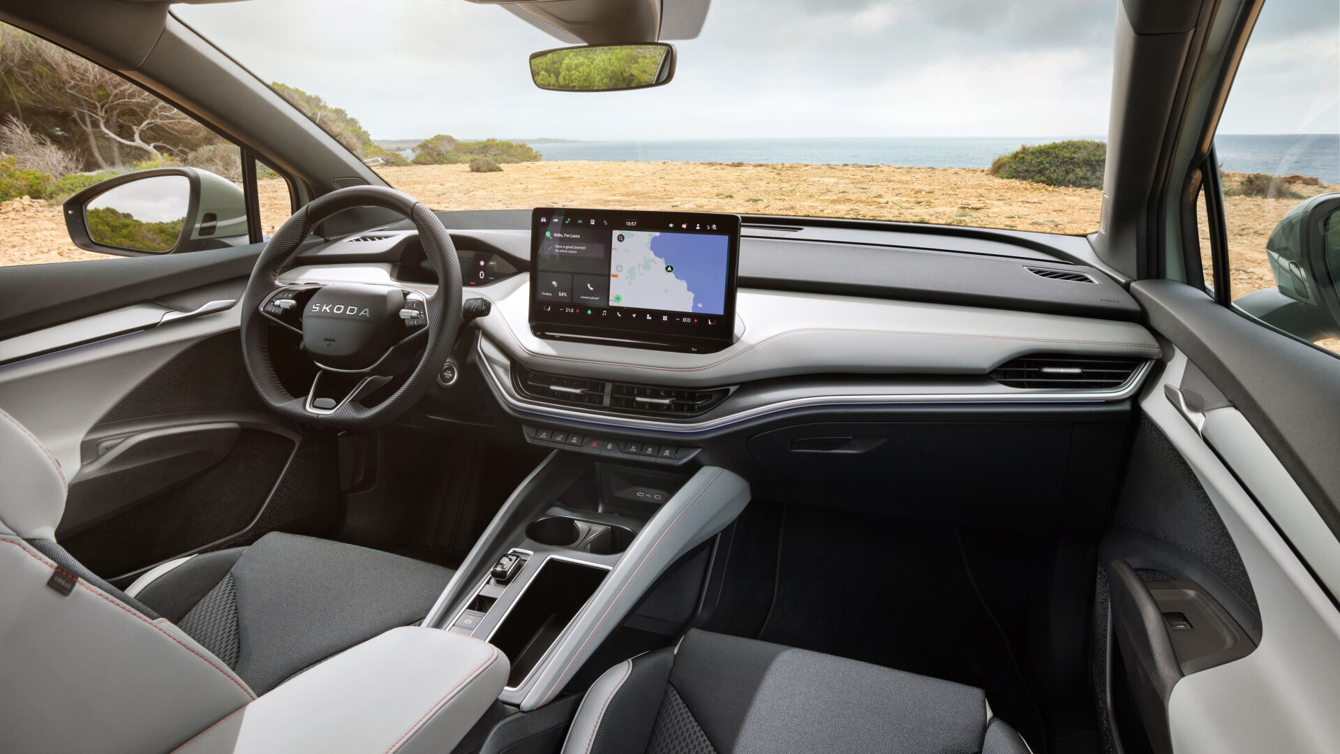 De Skoda Elroq was in augustus het meest verkochte model in de categorie volledig elektrisch. Niet slecht, de wereld bekijken vanuit deze moderne EV. Foto: Škoda