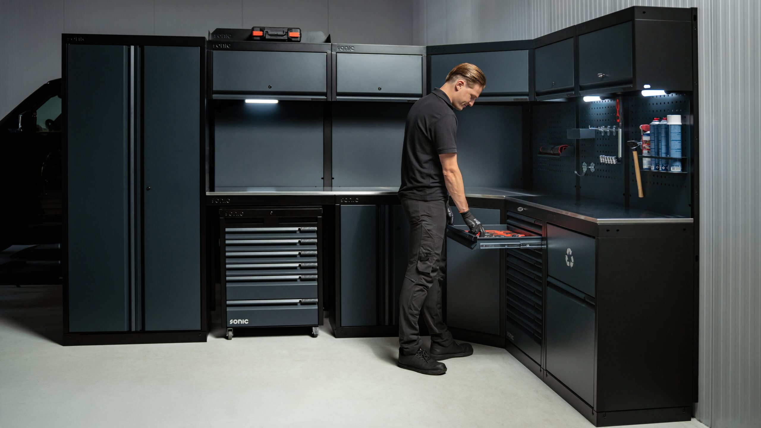 Het nieuwe NEXT MSS modulaire opbergsysteem biedt volgens Sonic een efficiënte en georganiseerde oplossing voor iedere werkplaats. Afbeelding: Sonic Equipment