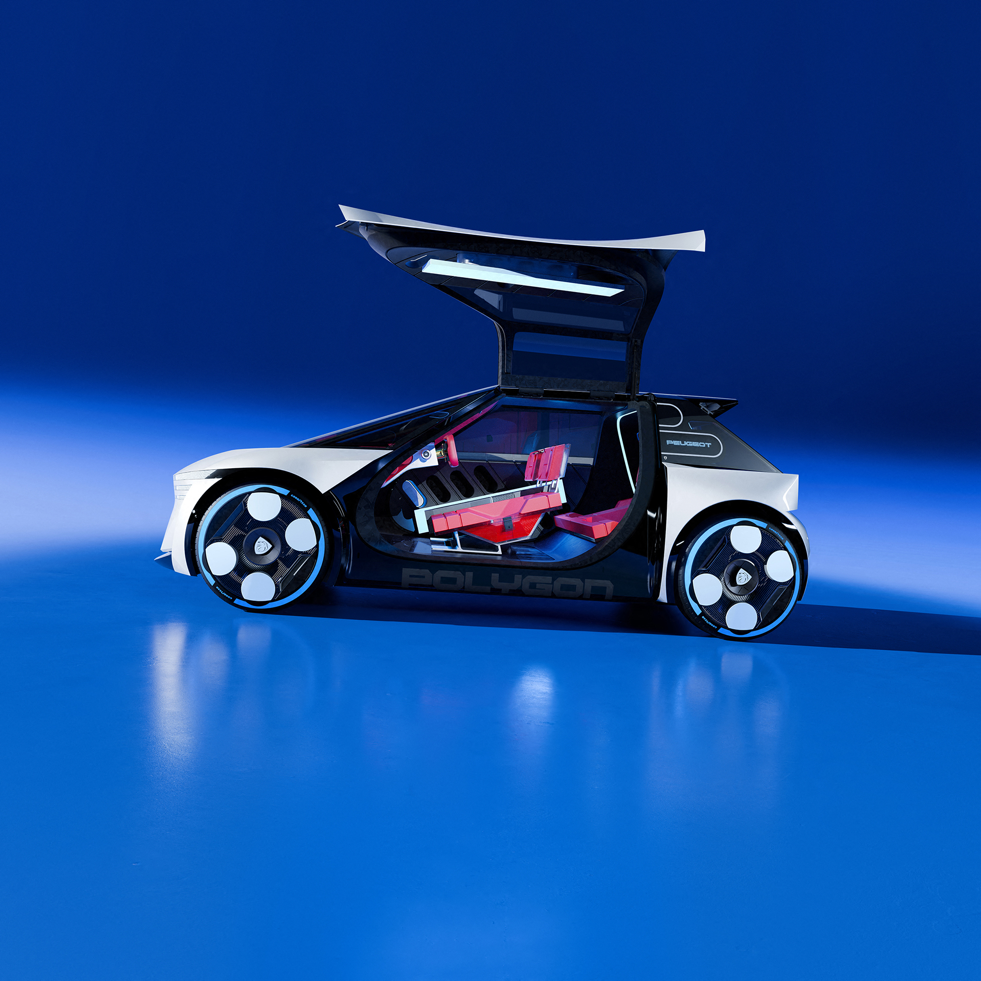 Bijna de hele zijkant van de Polygon klapt open. Merk op dat de voorste zitrij halverwege de auto staat, geen lange cabine zoals juist bij elektrische auto’s mogelijk.