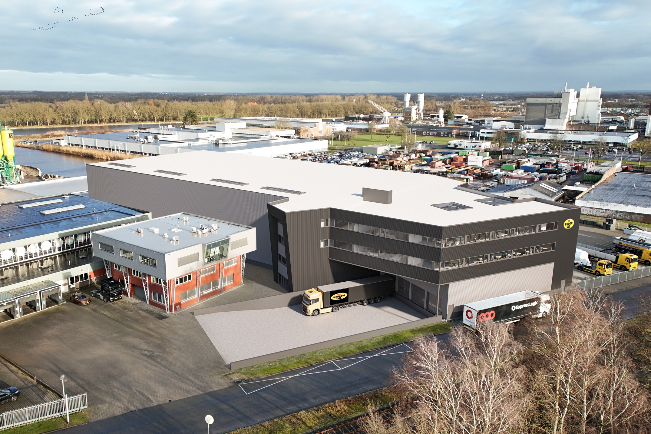 Zo zal het er eind dit jaar uitzien: het nieuwe hoogbouwmagazijn 
met een expeditieruimte direct naast het nieuwe kantoor.