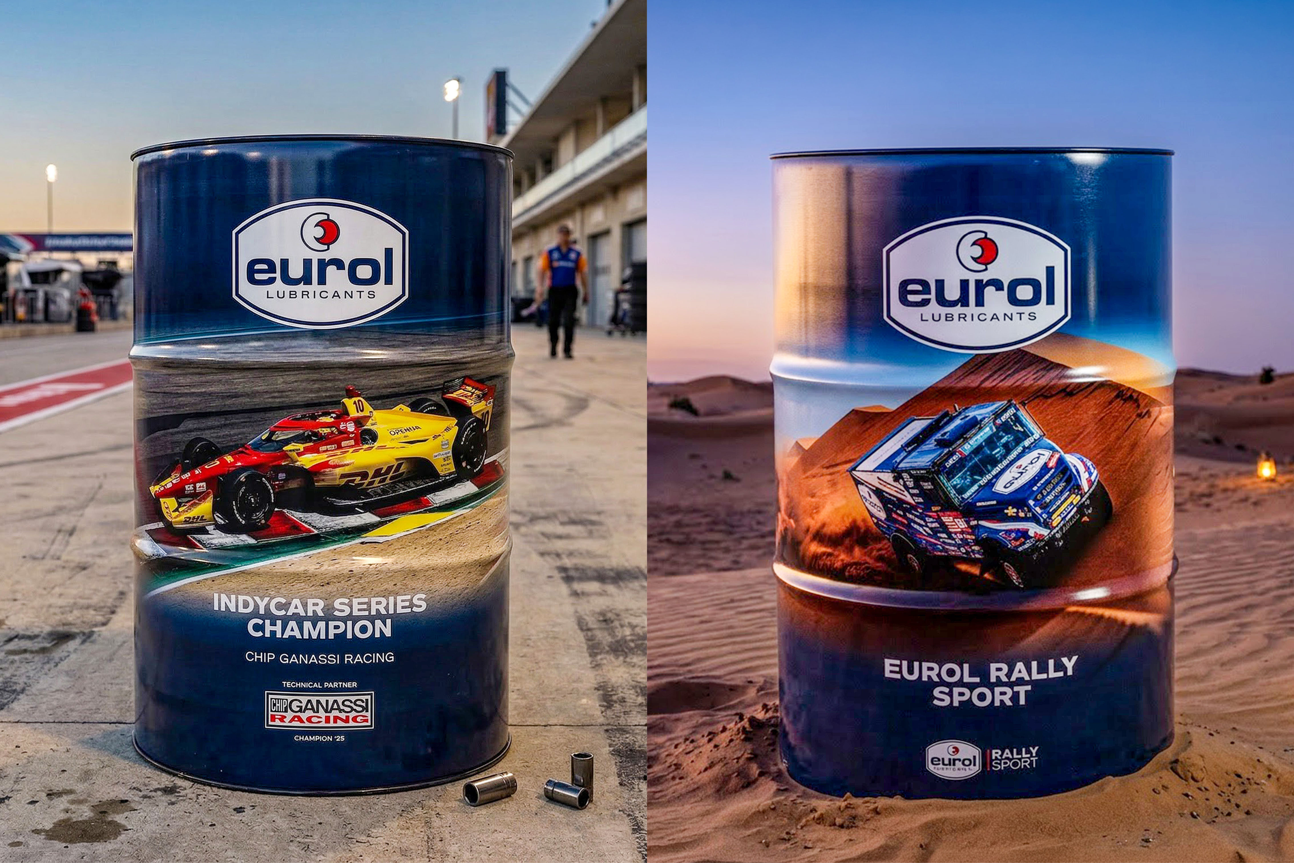 Eurol lanceert twee exclusieve special edition vaten van 210 liter geïnspireerd op recente internationale successen in de Formule 2, NTT IndyCar Series en Dakar Rally. - Foto: Eurol