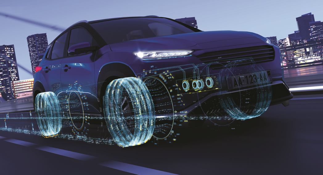 Visualisatie van de Michelin digital twin, waarbij realtime banddata wordt gebruikt om grip, slijtage en voertuigsystemen continu te optimaliseren. - Foto: Michelin