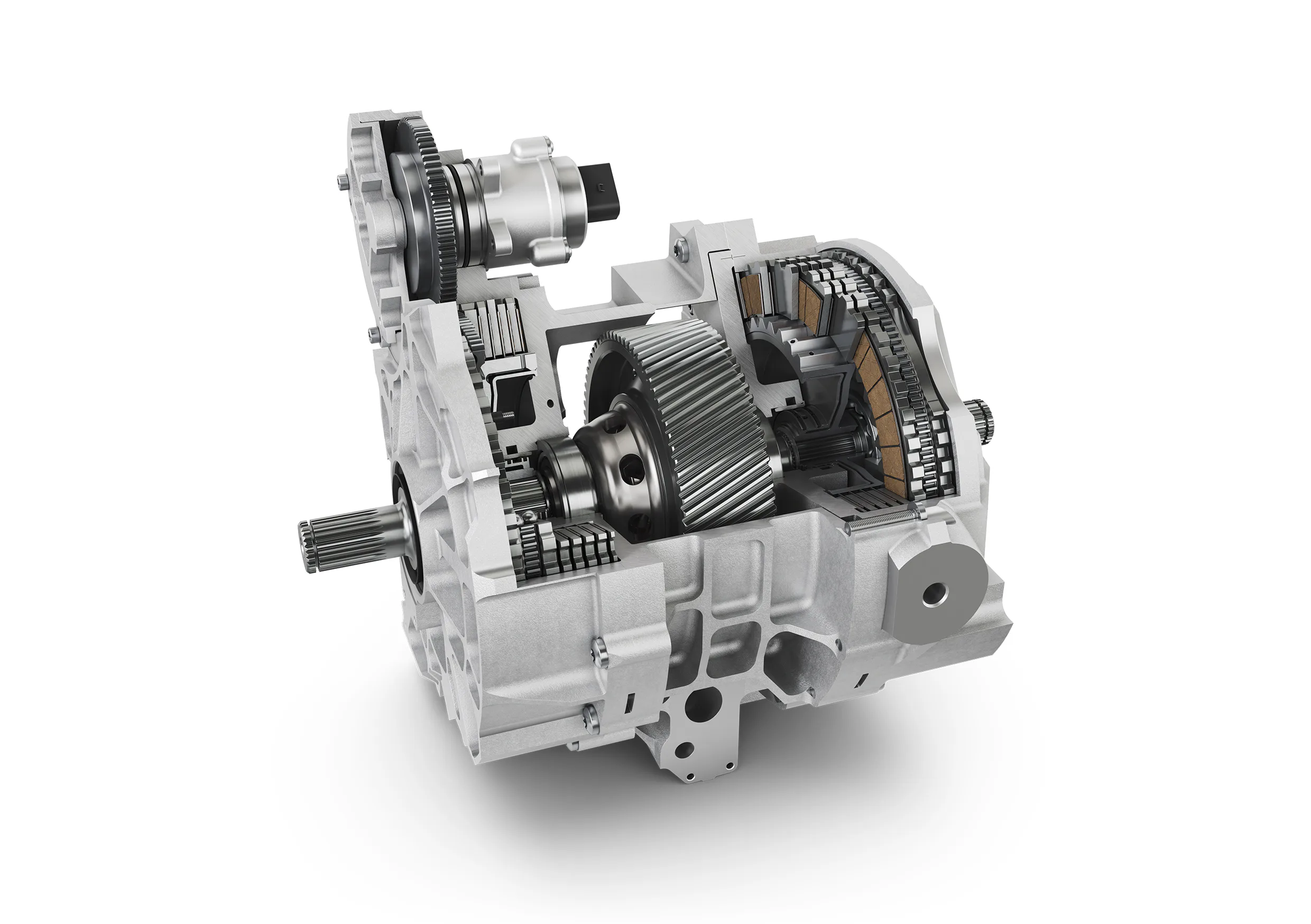 Een ‘integrated system’ van Schaeffler, twee sets platen en in het midden een aandrijftandwiel. Ofwel, twee remmen, centrale bediening bovenaan, om achterop een elektromotor te schroeven. - Foto: Schaeffler